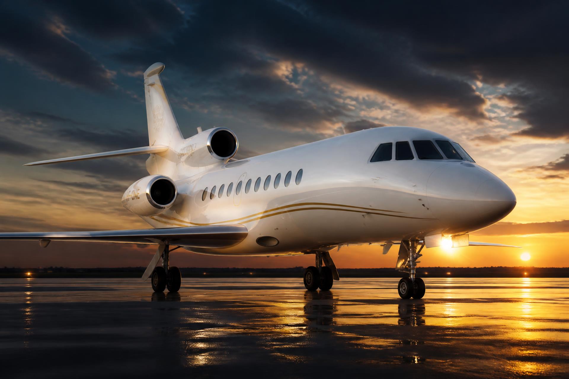 Un jet d'affaires blanc immobile sur la piste au coucher du soleil, ciel doré en arrière-plan.